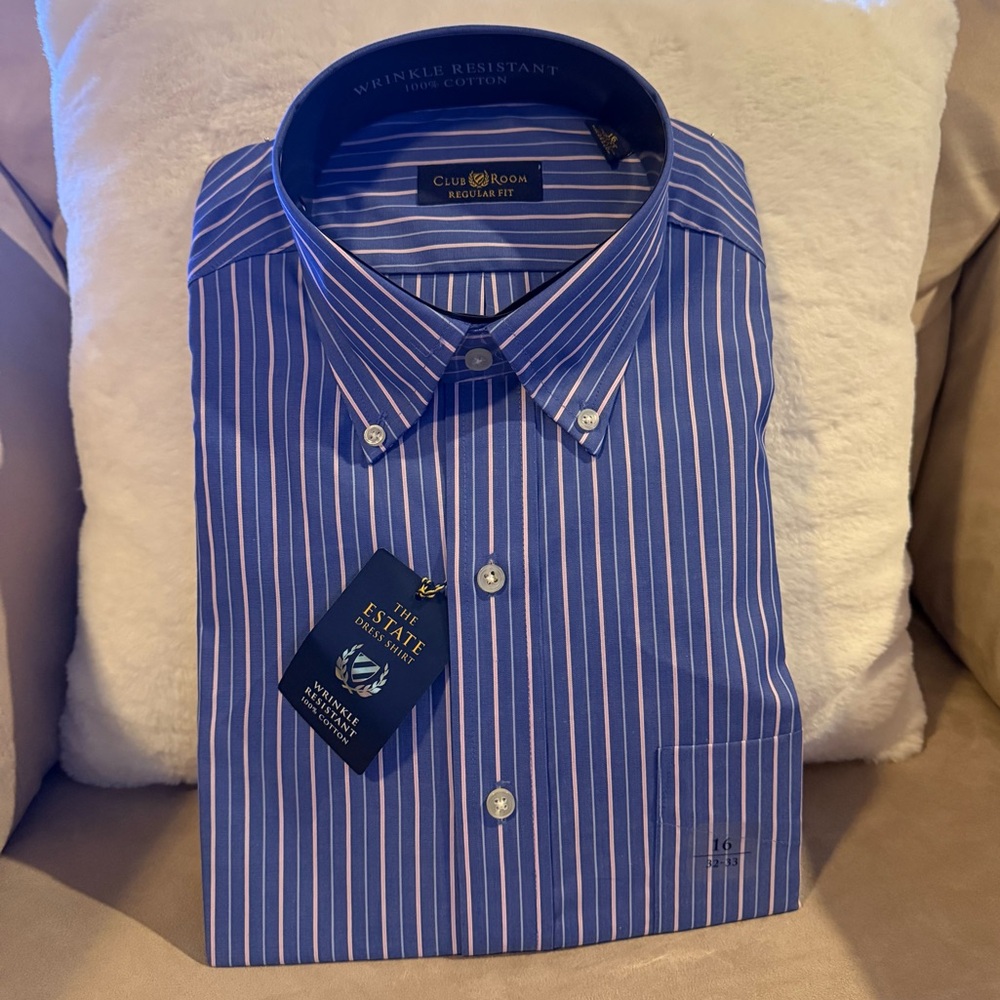 Men’s Button Down Shirt Blue Pink Striped 16 / 32-33 The Estate Dress Shirt